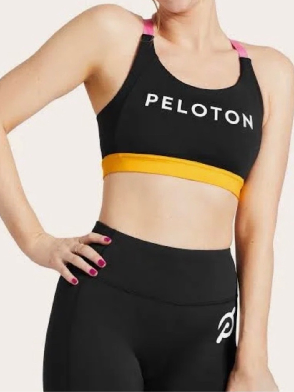 Peloton Black Sports Bra with Pink Straps and Yellow Trim
